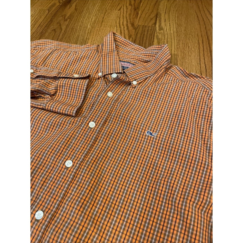 Vineyard Vines Mens Whale Shirt Button Down Orange Brown Plaid Cotton Size Large
